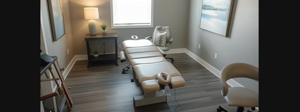 a bright, modern chiropractic office showcases a professional chiropractor demonstrating a targeted adjustment technique on a patient lying on a specialized treatment table, emphasizing the precision and expertise involved in neck pain relief.