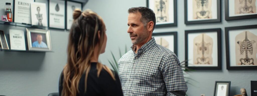 a focused office scene captures a confident individual consulting with a qualified chiropractor in a modern clinic, surrounded by diplomas and patient testimonials on the walls, highlighting the importance of finding a trusted neck pain specialist.