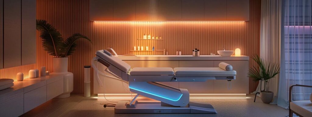 a modern therapy room with a sleek, minimalist design showcases various healing tools and techniques, highlighting an elegant chiropractic table alongside calming complementary therapy equipment, all bathed in warm, ambient lighting to promote a sense of wellness and relief.